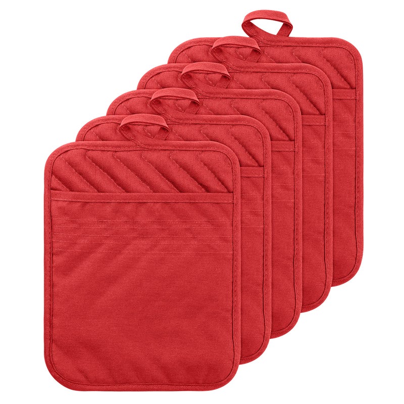 GROBRO7 5Pack Pocket Pot Holders Cotton Heat Resistant Potholder Multipurpose Hot Pads Machine Washable Oven Mitts Potholders Bulk for Daily Kitchen Baking and Cooking 7 x 9 Inch Red - Image 1